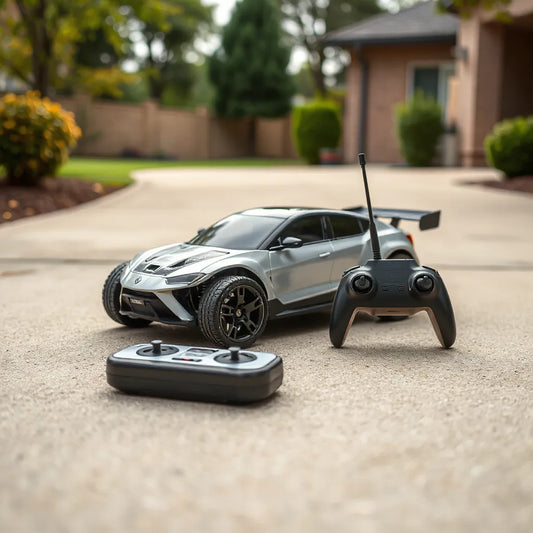 Small remote control car next to a handheld remote controller on a driveway