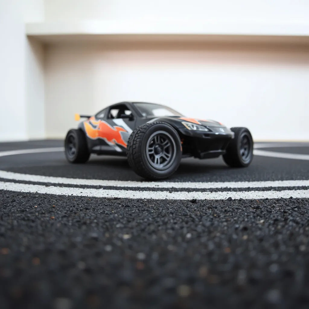 Drift-ready RC car angled mid-slide on a smooth track with tuned tires and steering alignment
