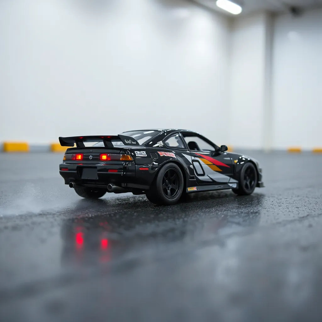 Small RC drift car sliding on wet track with visible tire traction and motion blur