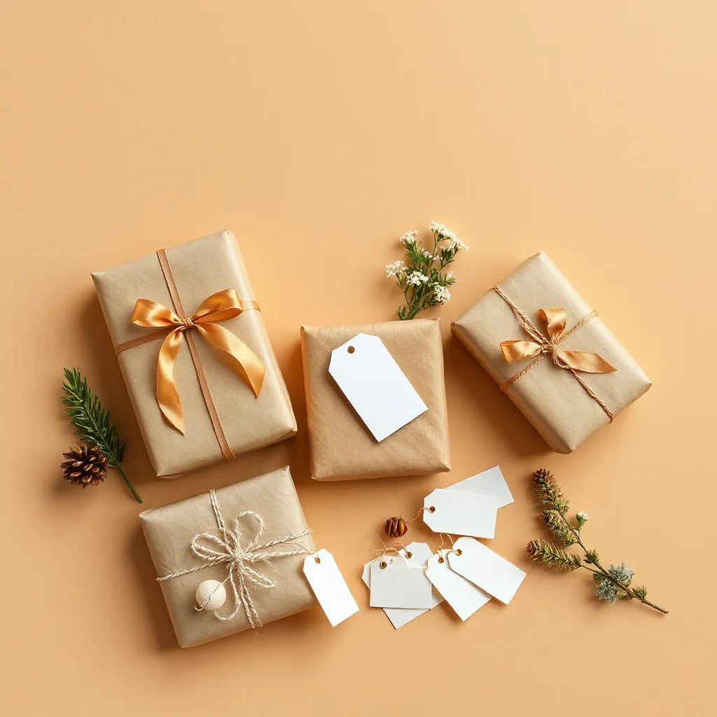 Wrapped gifts with ribbons and blank tags arranged neatly on a neutral background