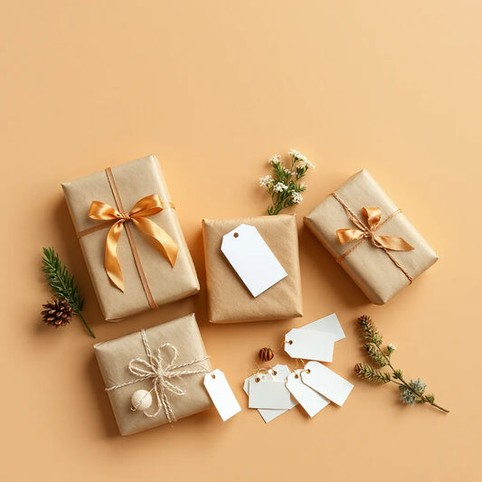 Wrapped gifts with ribbons and blank tags arranged neatly on a neutral background
