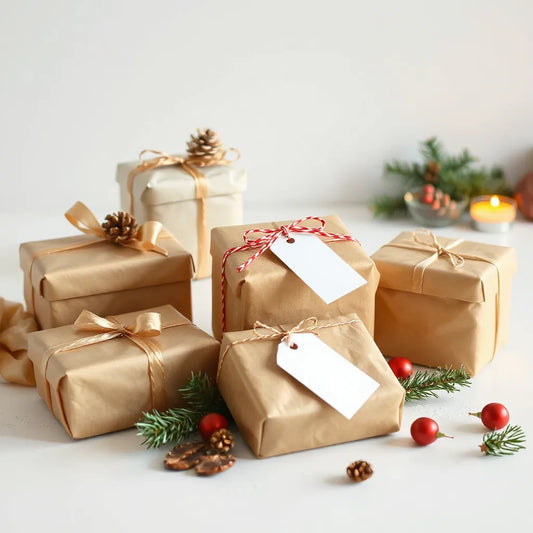 Assorted wrapped gifts with ribbons on a simple tabletop background