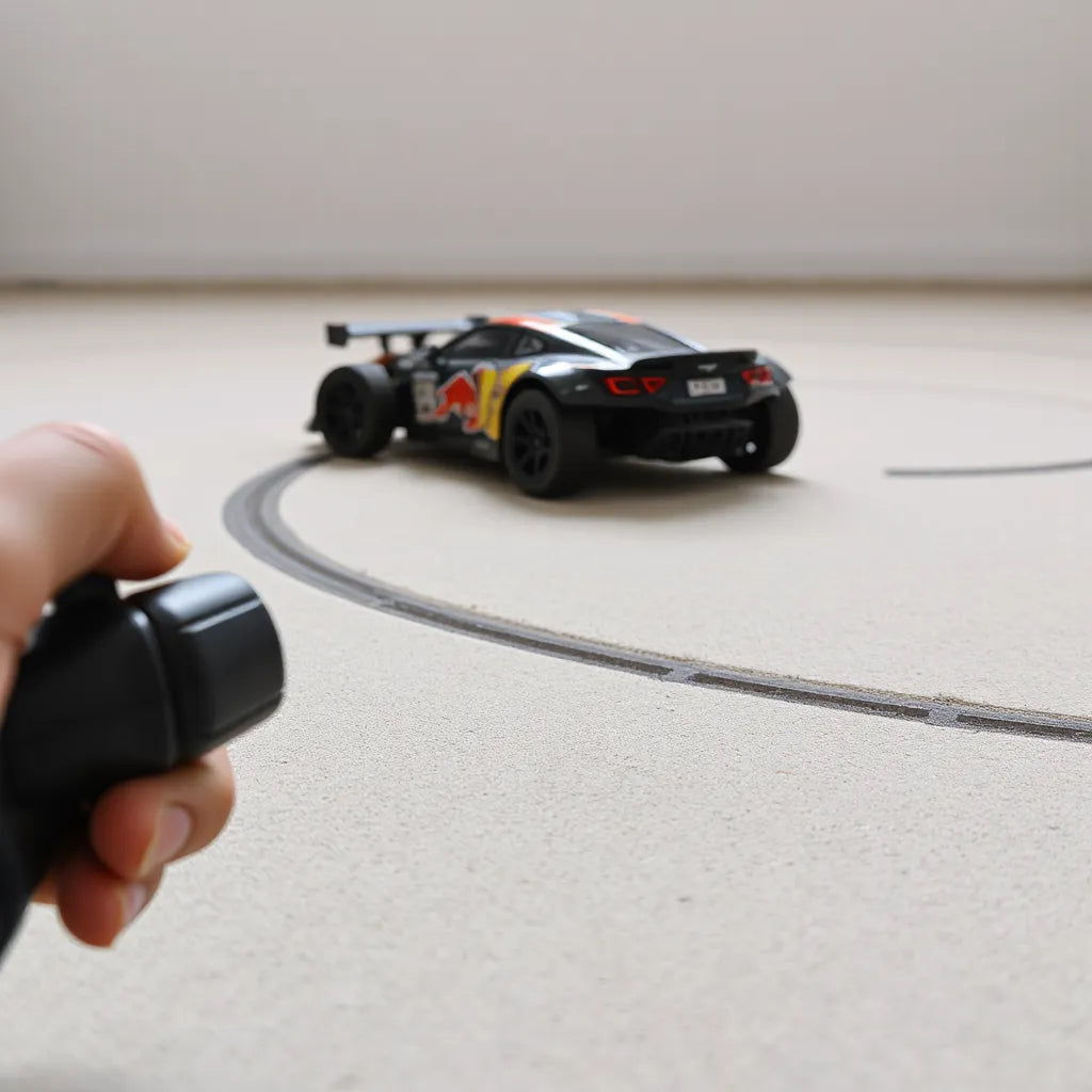 Drift-ready RC car on a track corner with angled rear tires and visible traction