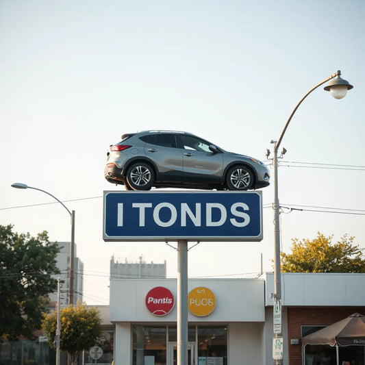 A car displayed on a roadside sign above a storefront, showing clear brand visibility