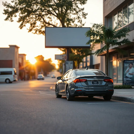 Car parked beside a roadside sign in a realistic street scene at golden hour