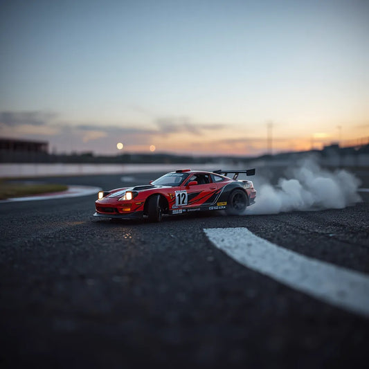 RC drift car sliding through a corner on wet asphalt with visible tire smoke