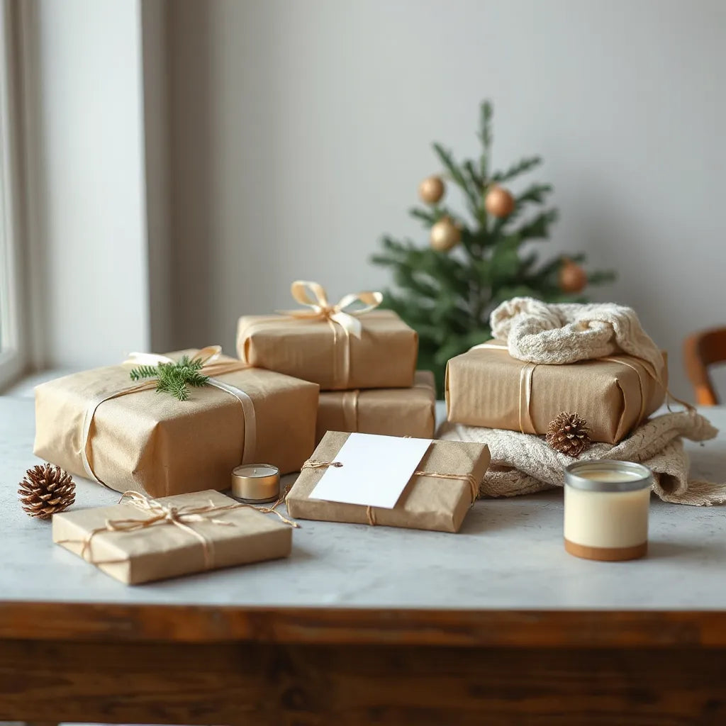 Wrapped gifts with neutral ribbons and a handwritten card on a softly lit table