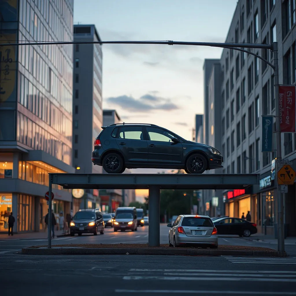 A car displayed on a large sign structure in an urban street setting at dusk