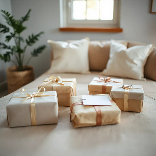 Neatly wrapped gift boxes with ribbon and a card on a warmly lit table