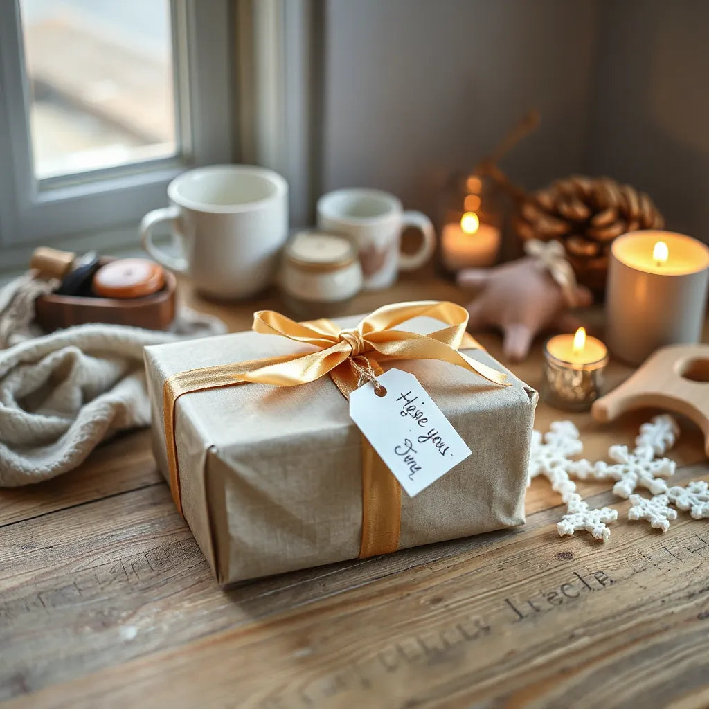 Wrapped gift box with ribbon on a wooden table, with a cozy assortment of small present items nearby.