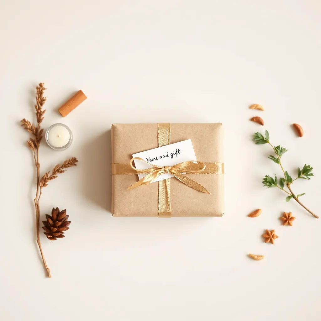 Wrapped gift box with ribbon and a small card, with thoughtful add-ons arranged neatly on a neutral background