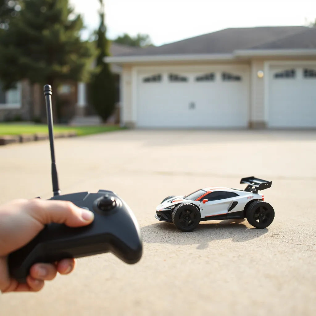 Remote control car with a handheld controller on a driveway in soft natural light