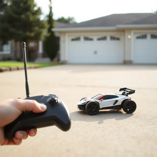 Remote control car with a handheld controller on a driveway in soft natural light