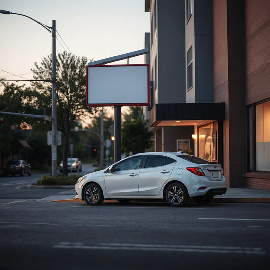 A car placed on a sign near a roadside storefront at dusk, with soft lighting and a clear view of the sign structure