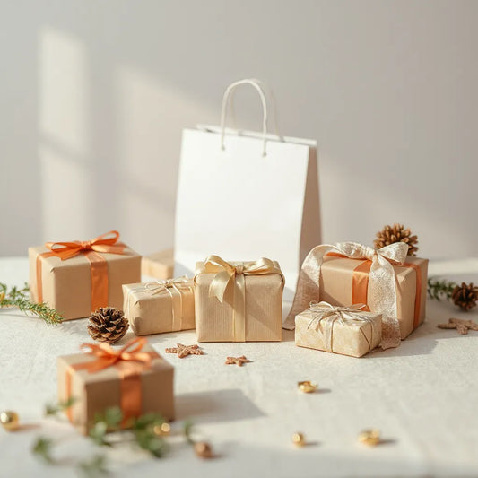 Assorted wrapped gifts and gift boxes with ribbons on a neutral tabletop
