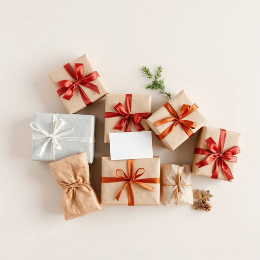Neatly wrapped gift boxes with ribbons and a blank greeting card on a neutral background
