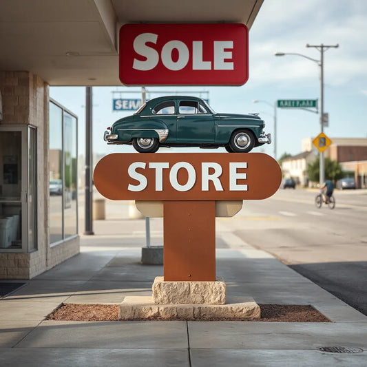 A vintage car mounted on a roadside sign with a storefront street scene in the background