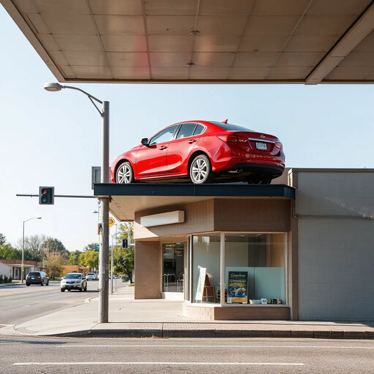 Red car mounted above a roadside sign outside a shop, showing brand signage in daylight